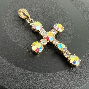 Gold Tone Cross Pendant w/ Aurora Borealis Crystals